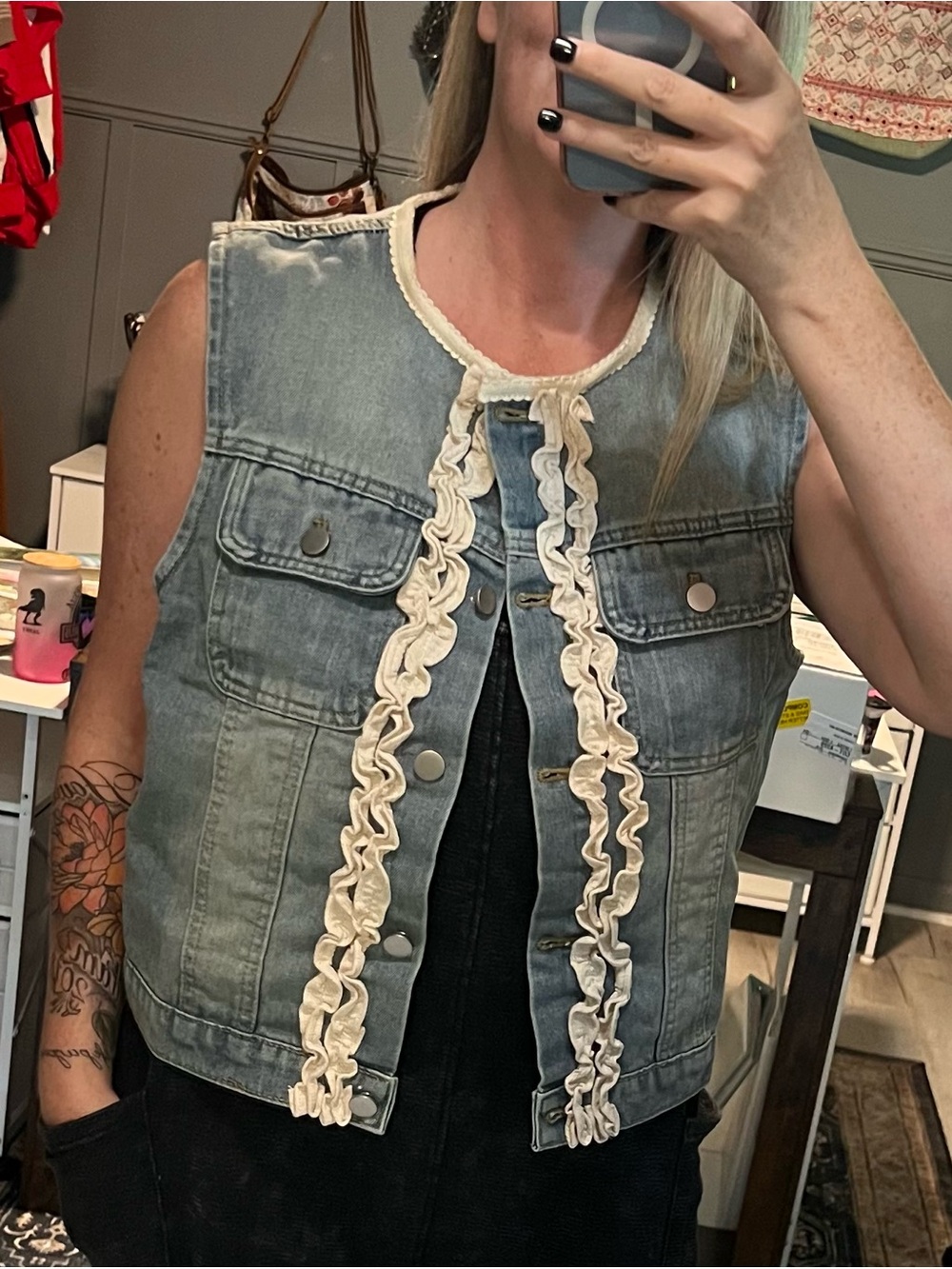 BiBi Light Blue Denim Vest with Cream Ruffle Trim